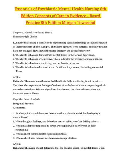 Test Bank Essentials of Psychiatric Mental Health Nursing 8th Edition: Concepts of Care in Evidence by Morgan Townsend