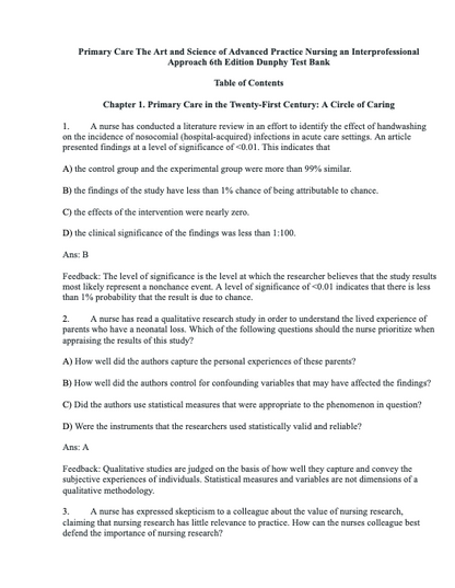 Test Bank Primary Care: The Art and Science of Advanced Practice Nursing – an Interprofessional Approach 6th Edition by Dunphy