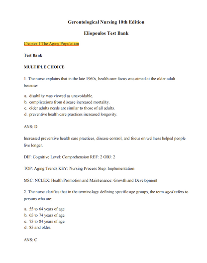 Test Bank Gerontological Nursing 10th Edition by Charlotte Eliopoulos