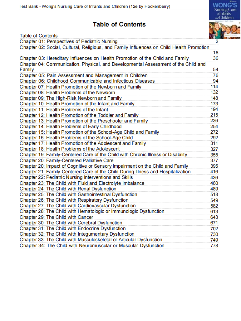 Test Bank Wong's Nursing Care of Infants and Children 12th Edition by Hockenberry