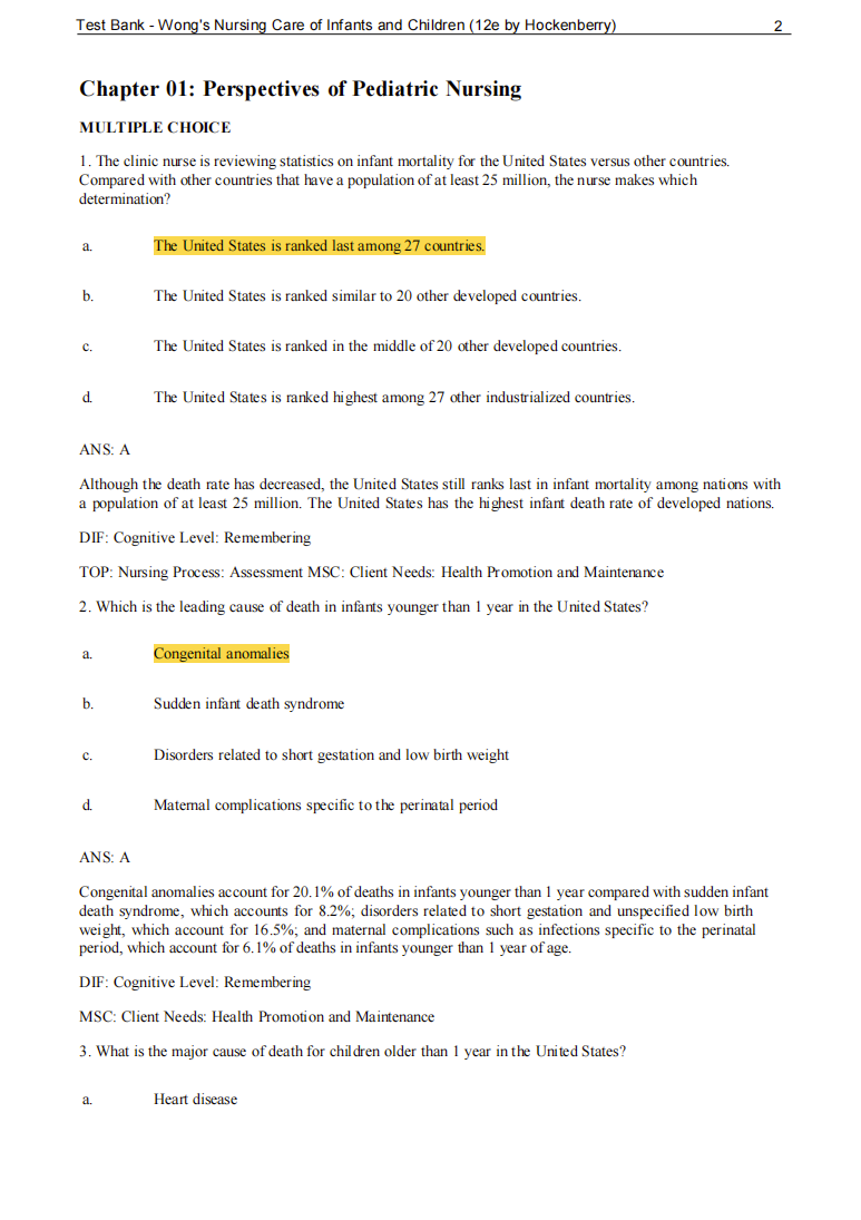 Test Bank Wong's Nursing Care of Infants and Children 12th Edition by Hockenberry