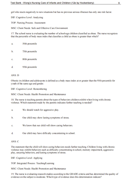 Test Bank Wong's Nursing Care of Infants and Children 12th Edition by Hockenberry