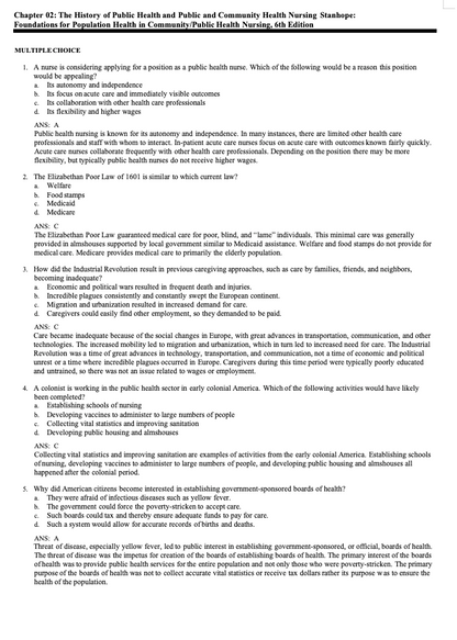 Test Bank Foundations for Population Health in Community Public Health Nursing 6th Edition by Stanhope