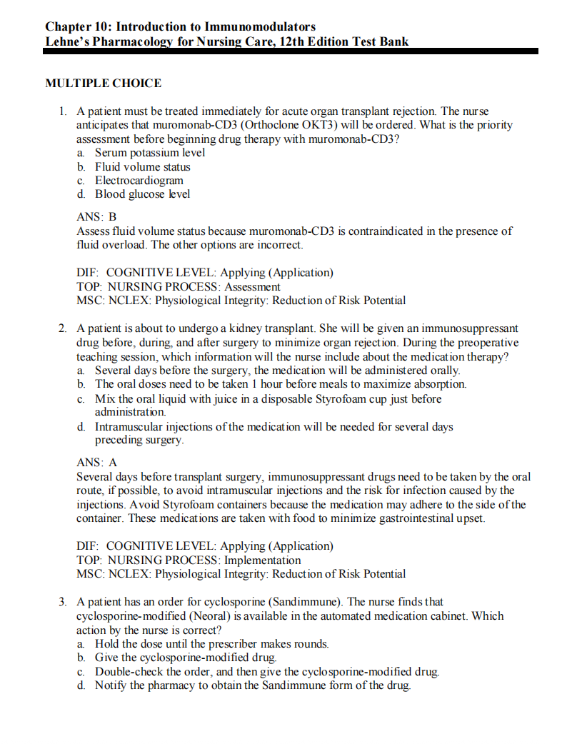 Test Bank Lehne’s Pharmacology for Nursing Care 12th Edition