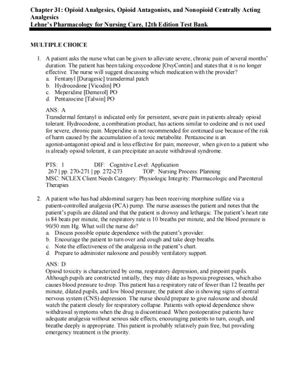 Test Bank Lehne’s Pharmacology for Nursing Care 12th Edition