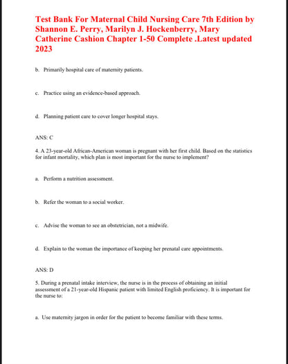 Test Bank Maternal Child Nursing Care 7th by Perry