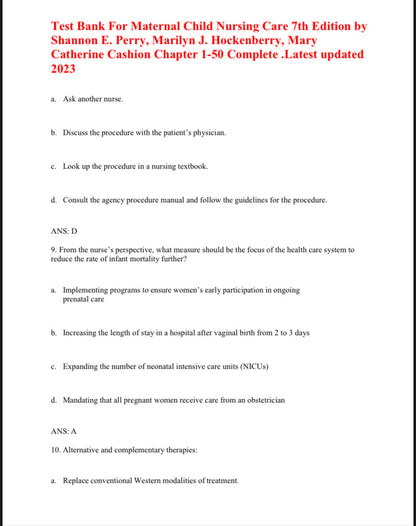 Test Bank Maternal Child Nursing Care 7th by Perry