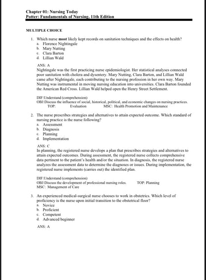 Test Bank Fundamentals of Nursing 11th Edition by Potter & Perry