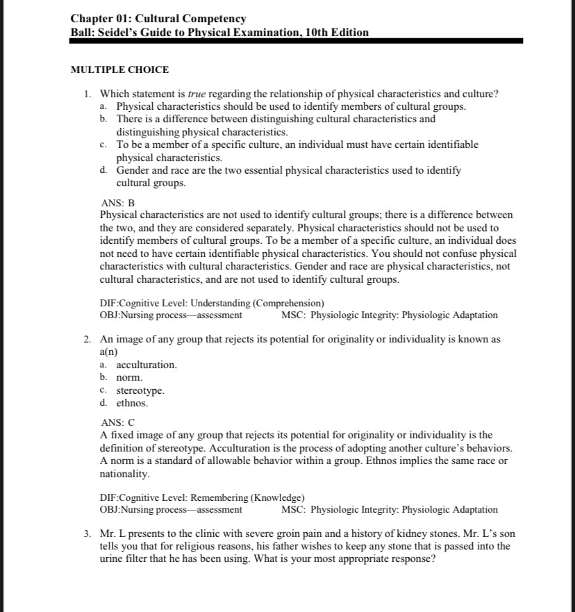 Test Bank Seidel's Guide to Physical Examination: An Interprofessional Approach 10th Edition by Ball