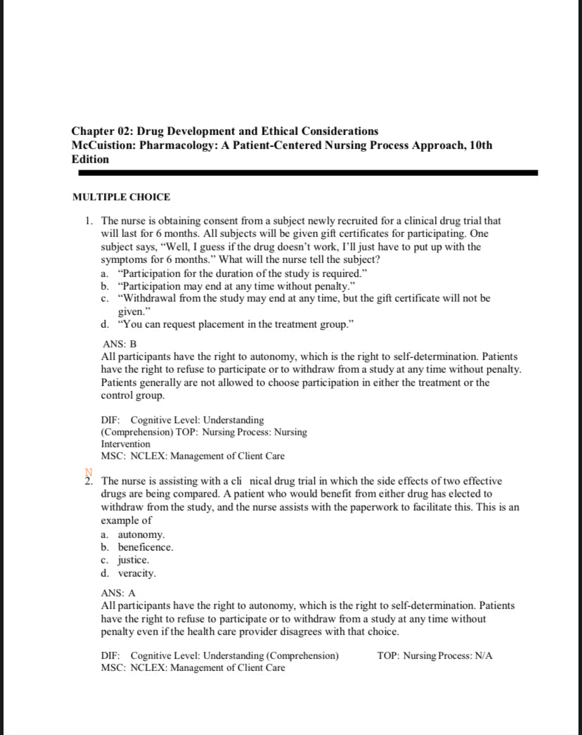 Test Bank Pharmacology: A Patient-Centered Nursing Process Approach 10th Edition by McCuistion